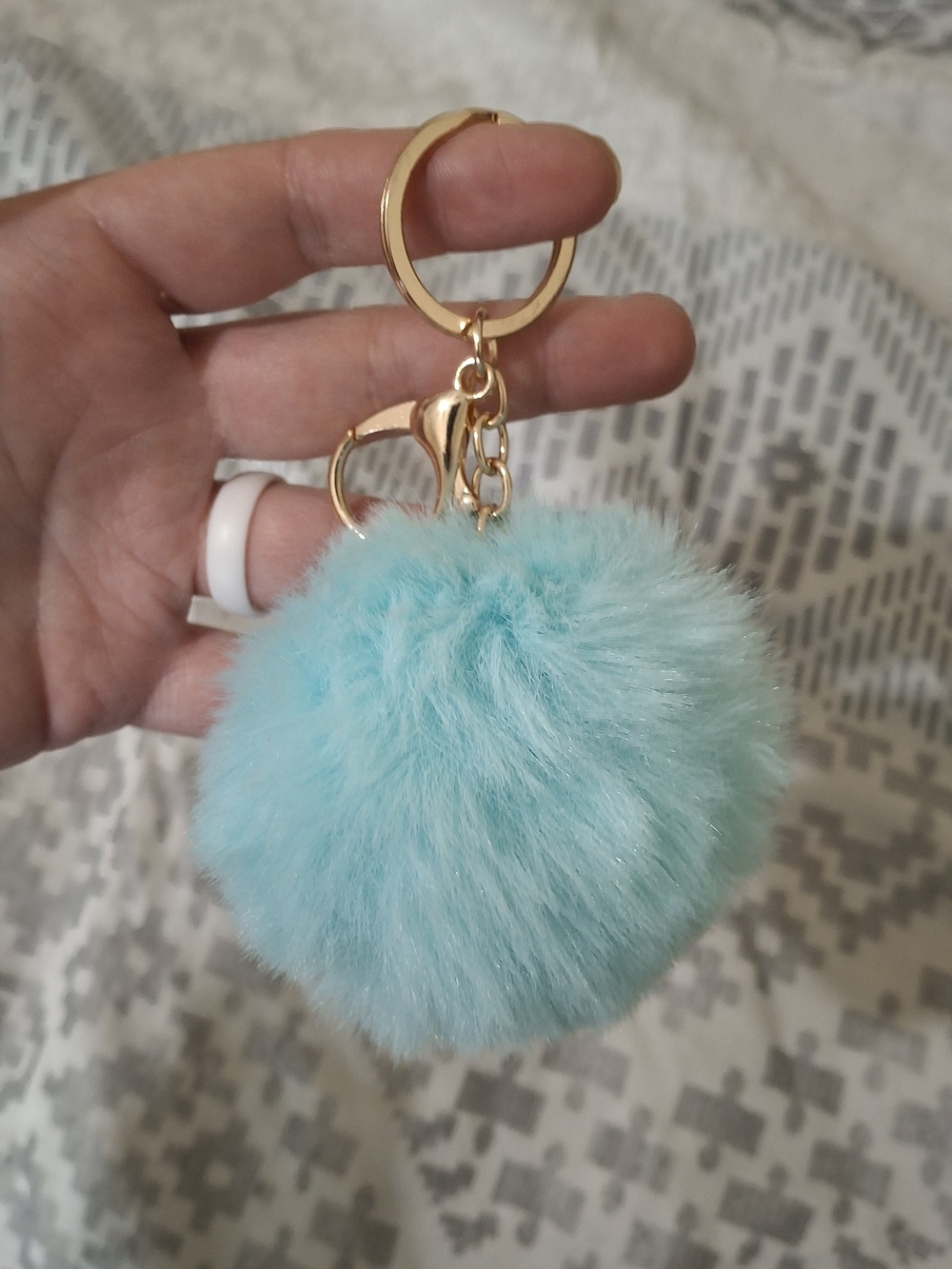 Gold Keyring with Light Blue Faux Fur Pom Pom